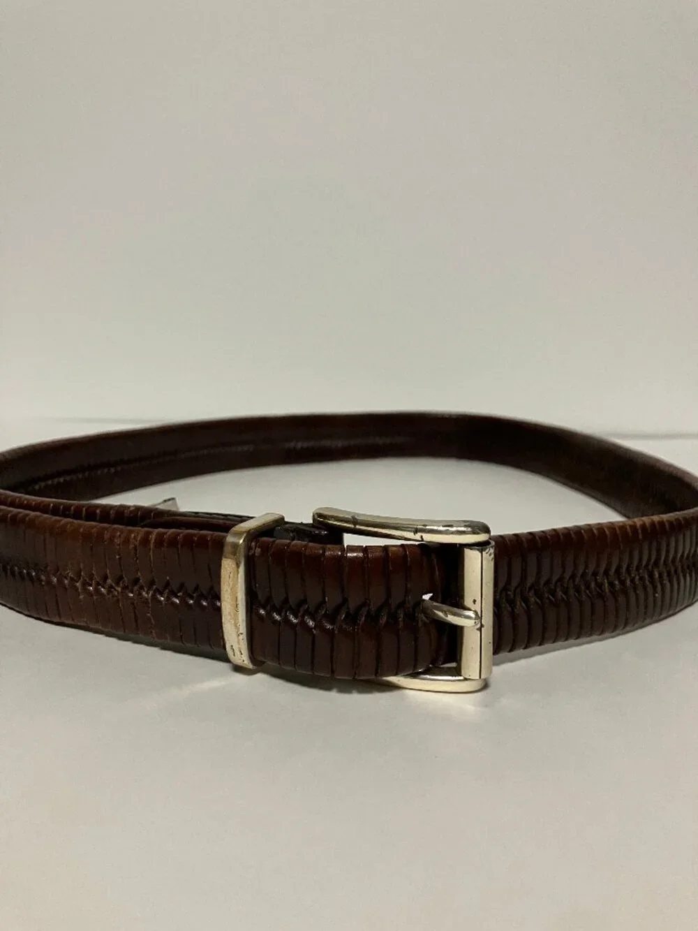 Fossil Vintage Brown Leather Ribbed Stitched Accent Silver Buckle Belt Size 38
